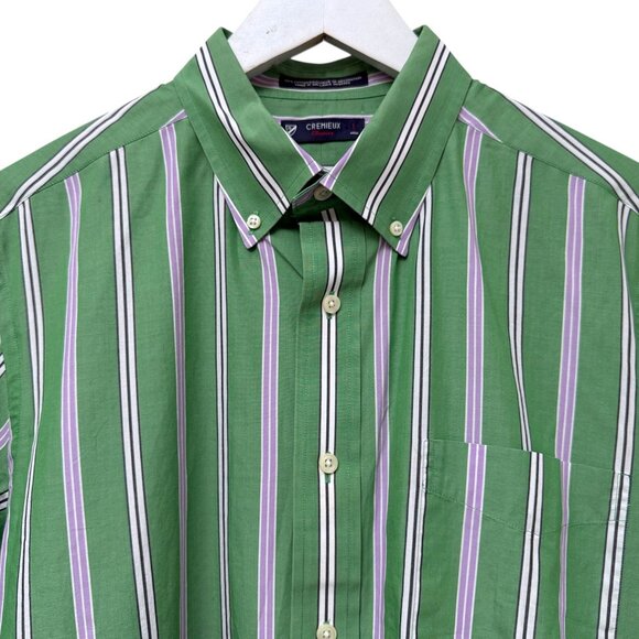 CREMIEUX Mens Classico Shirt Large Short Sleeve Green Stripe Cotton Button Down - Picture 2 of 8